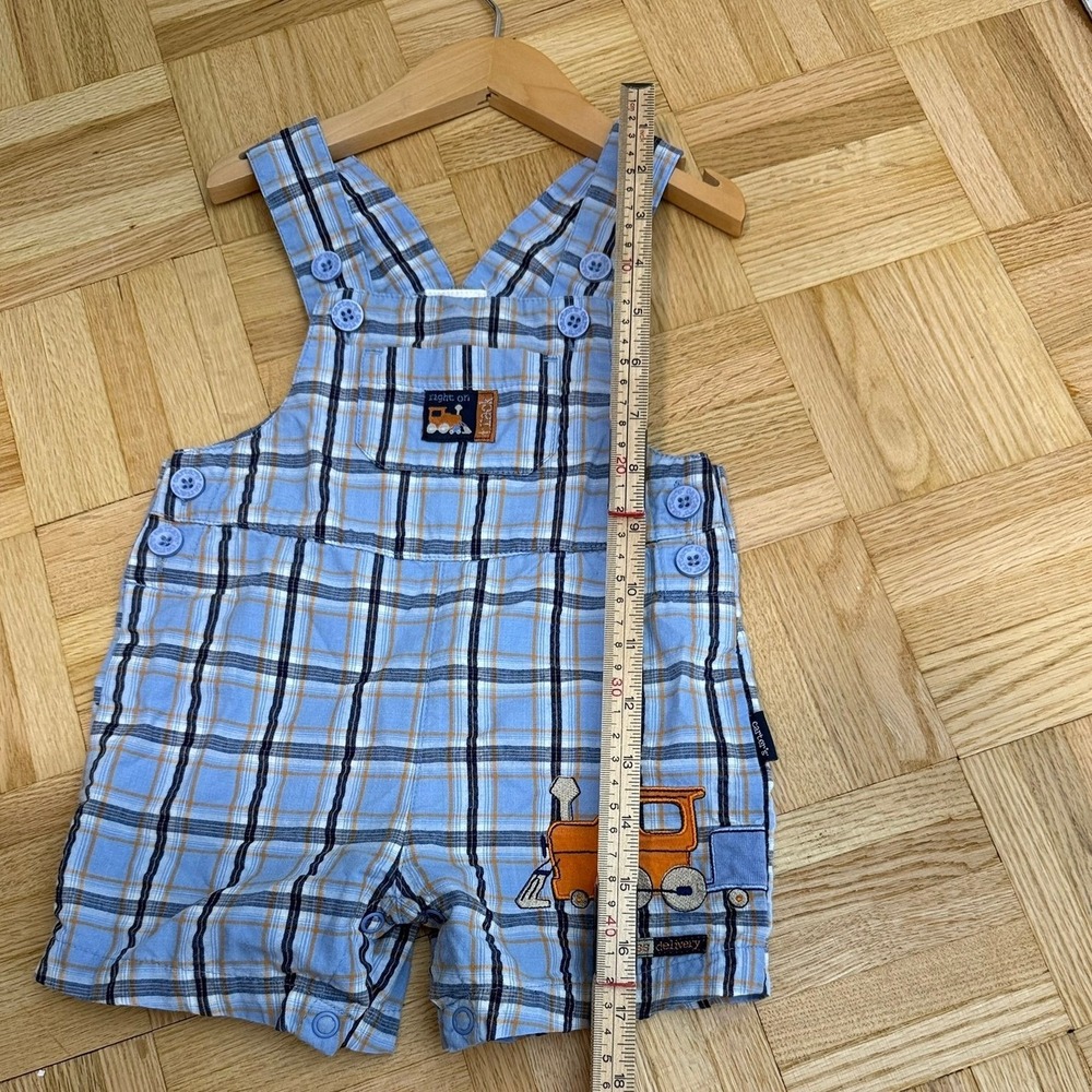 VTG Carters Kids Baby Boy Blue Plaid Train Embroidered Shortalls Overalls 6-9 M - Picture 11 of 11